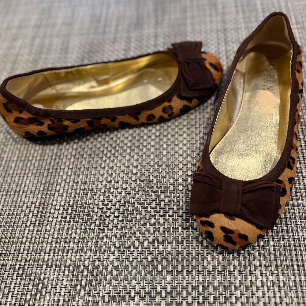 LAUREN RALPH LAUREN NWOB Cheetah Print Calf Fur Ballet Flats Suede Trim Bow 6M